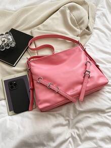 Minimalist Hobo Bag Large Capacity Neon Pink - Pink - View 7
