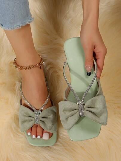 Donna Sandali piatti con strass & con decorato fiocco affascinante Estate