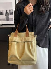 Studded Decor Shopper Bag Double Handle With Zipper Canvas School Bag For Graduate, Teen Girls, Freshman, Sophomore, Junior & Senior In College, University & High School, Perfect For Outdoors ,Travel & Back To School - Khaki - View 5