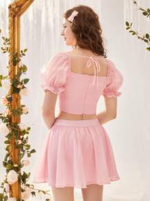 SHEIN MOD Solid Puff Sleeve Crop Top & Skirt - Baby Pink - View 3