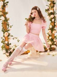 SHEIN MOD Solid Puff Sleeve Crop Top & Skirt - Baby Pink - View 8
