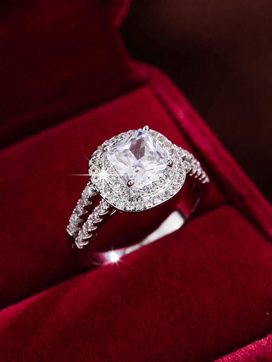 1入組魅力四射方晶鋯石裝飾戒指適合女士日常裝飾銅首飾類 - 銀色 - 查看 1