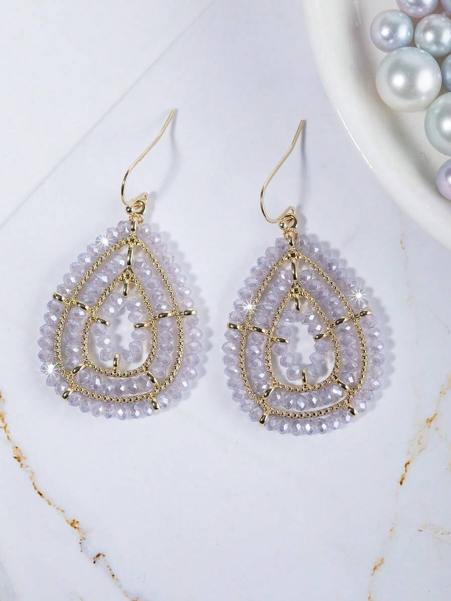 1 对手工串珠玻璃珠泪滴形和圆形耳环，复古波西米亚风格，多色可选（灰色、黑色、绿色、粉色、白色、橙色、紫色、香槟色），奢华品质，适合日常佩戴、度假佩戴、派对佩戴、送礼 - 淡紫色 - 查看 1