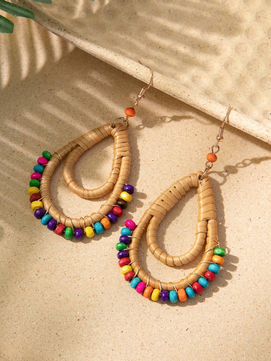 1對波西米亞多色珠子裝飾藤耳墜適合女士日常裝飾 - 彩色 - 查看 1