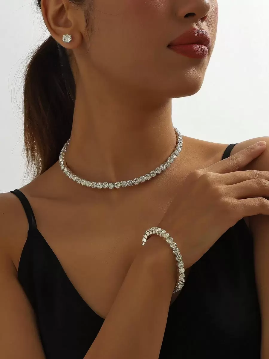 4pcs/set Luxury Rhinestone Jewelry Set For Women For Daily Decoration - Silver - View 1