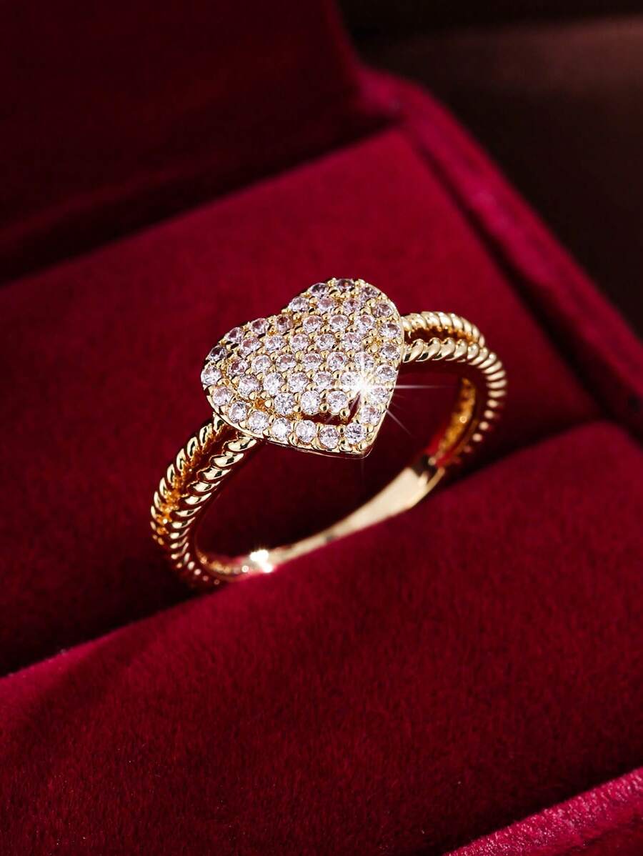 1pc Glamorous Cubic Zirconia Heart Decor Ring For Women For Daily Decoration Valentines - Yellow Gold - View 1
