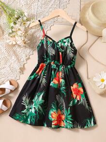 SHEIN 小女童熱帶圖案吊帶洋裝 - 黑色 - 查看 1