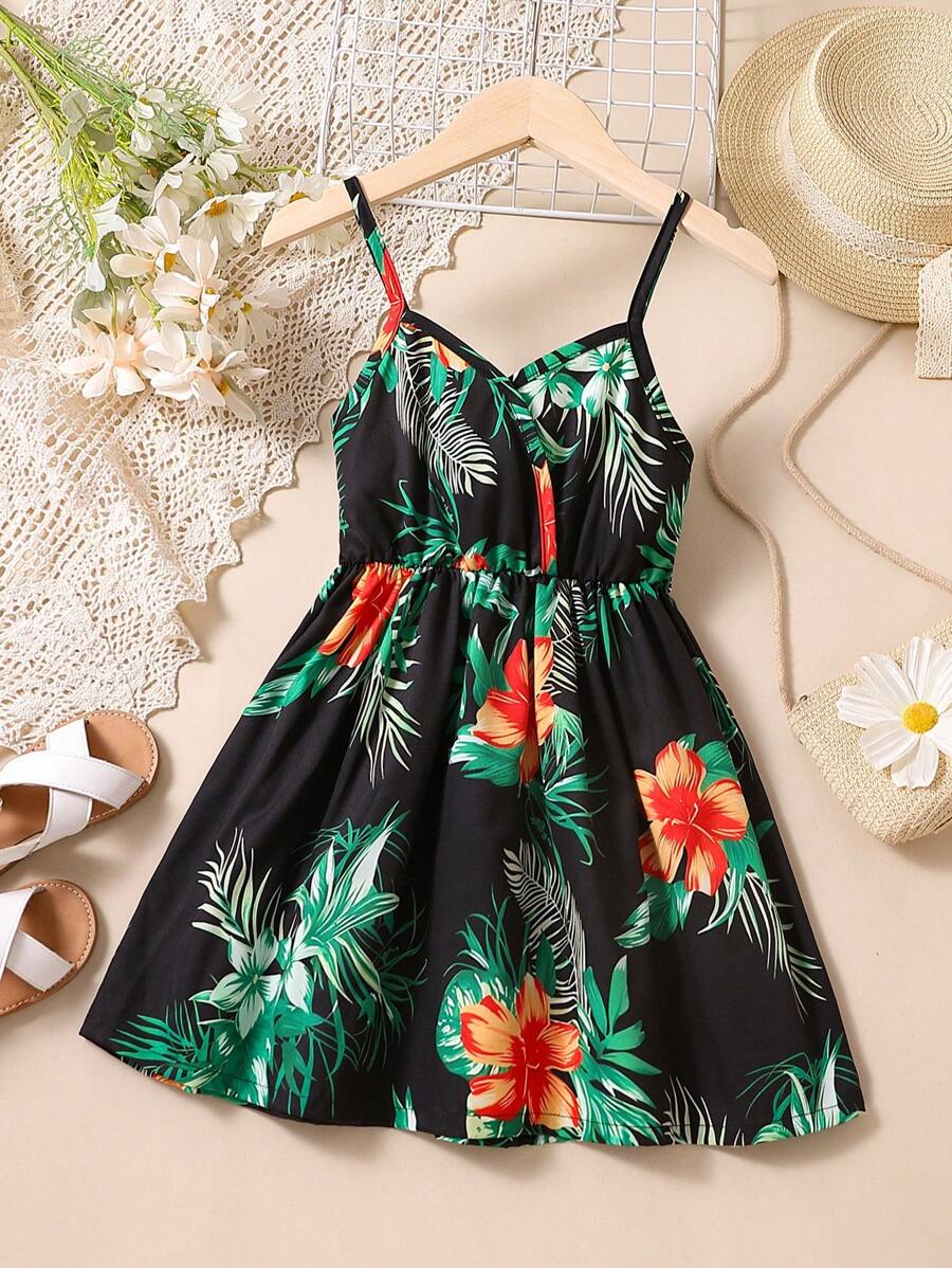 SHEIN 小女童熱帶圖案吊帶洋裝 - 黑色 - 查看 1