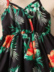 SHEIN 小女童熱帶圖案吊帶洋裝 - 黑色 - 查看 4