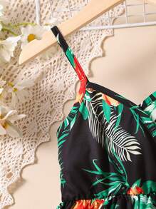 SHEIN 小女童熱帶圖案吊帶洋裝 - 黑色 - 查看 5