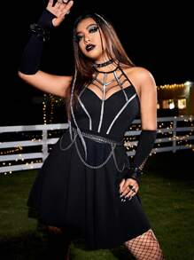 ROMWE PUNK Plus Contrast Binding Halter Neck Dress Without Belt - Black - View 1