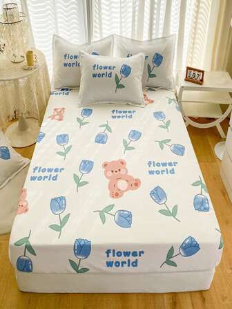 卡通熊與鬱金香印花床單套，可愛面料全周彈力床單套，適用於臥室