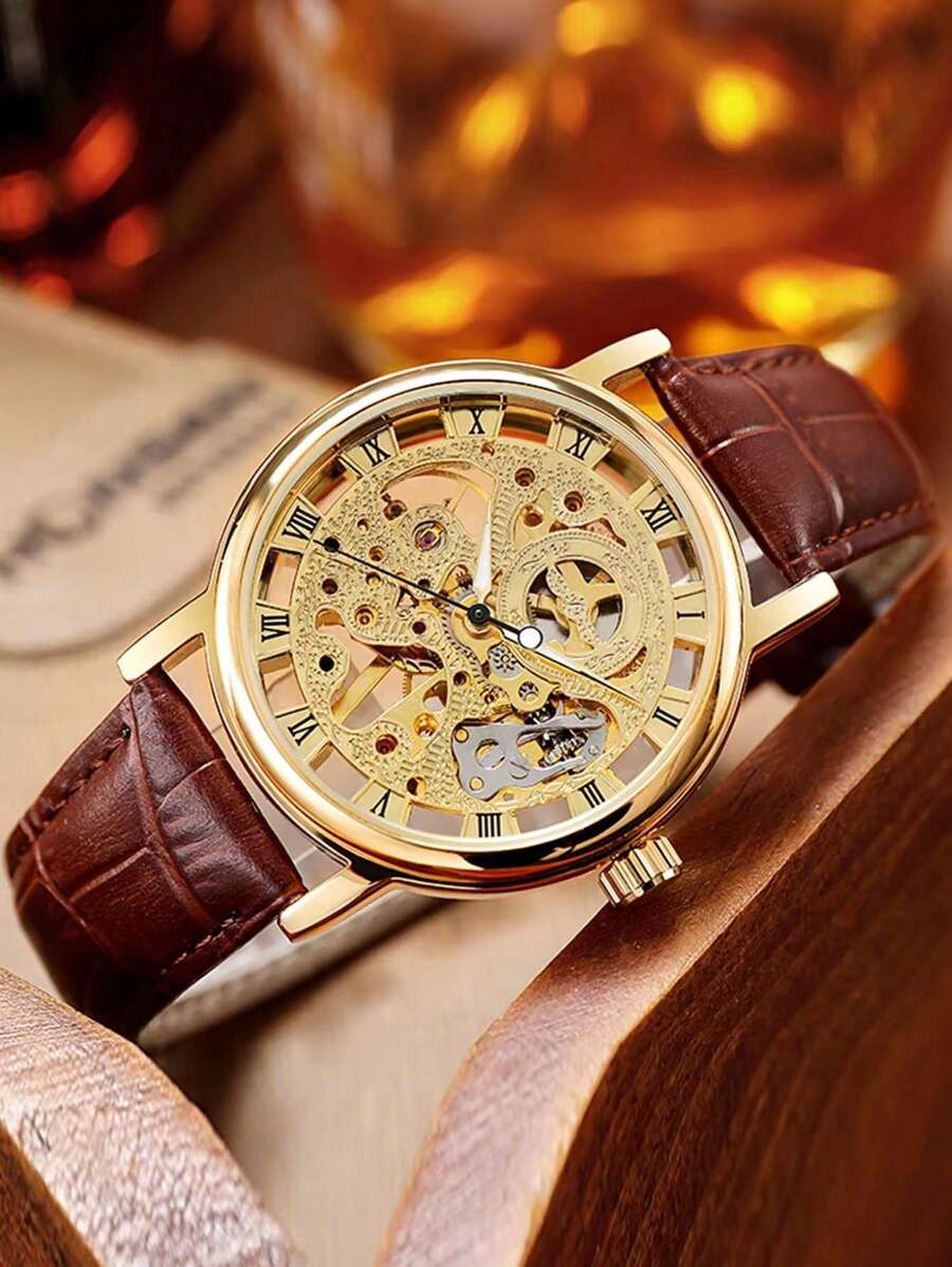 LONGLUX Hombres Reloj mecánico esqueleto - Marrón - Ver 1