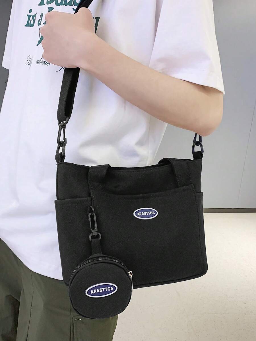 APASTTCA Bolso con asa superior con parche de letras, doble asa con monedero para bolsa de playa diaria, bolsa de compras, bolsa reutilizable, bolsa de lona para viajes y trabajo - Negro - Ver 1