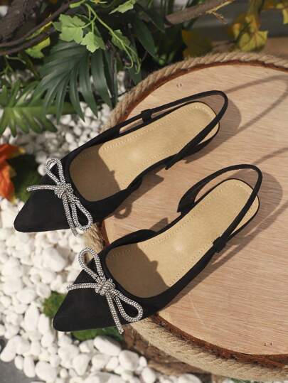 Höstglamorösa slingback-skor för kvinnor 2025, konstmocka med strass och rosettdekorationer