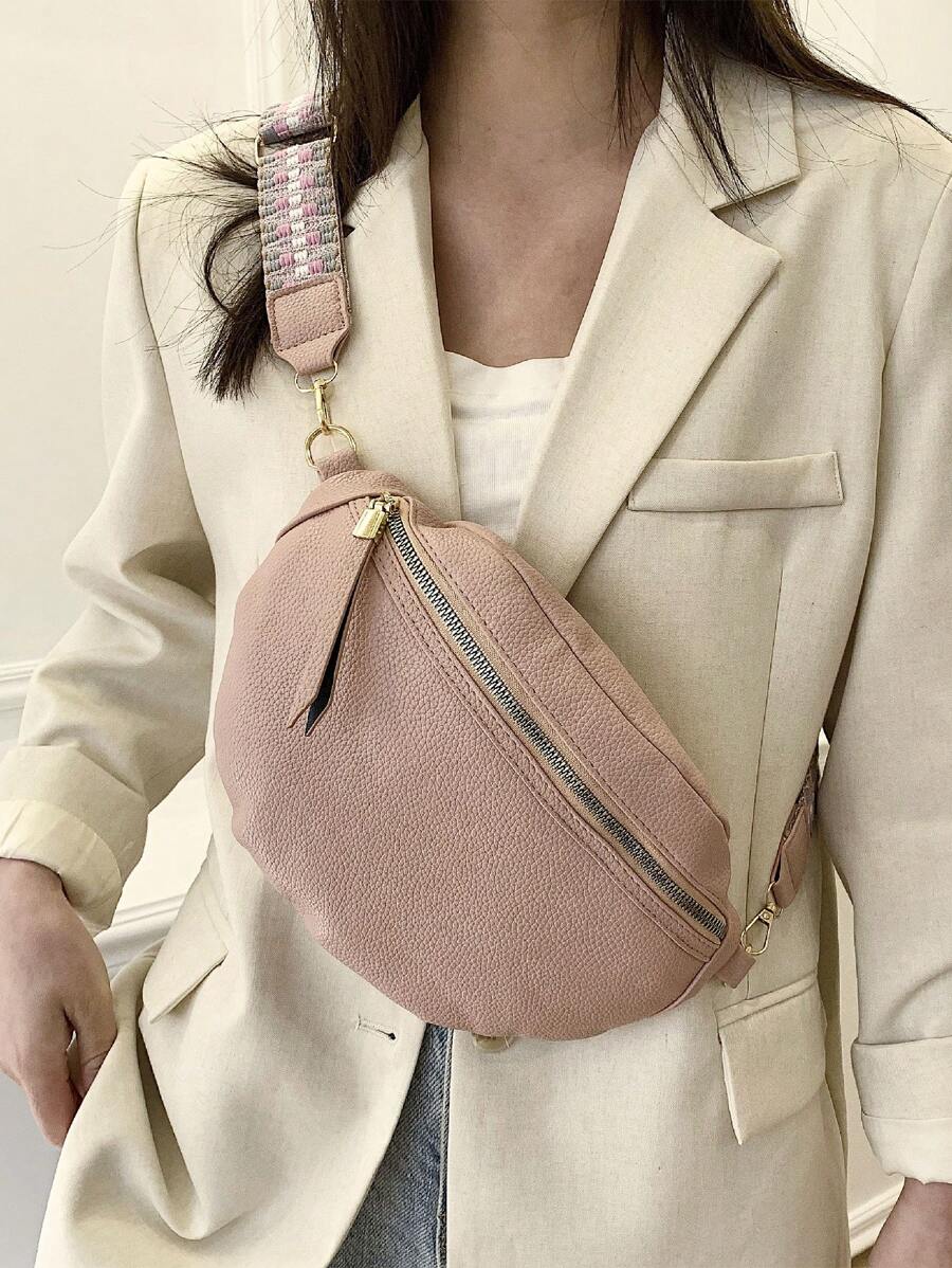 Litchi Embossed Bum Bag Dusty Pink Adjustable Strap - Pink - View 1