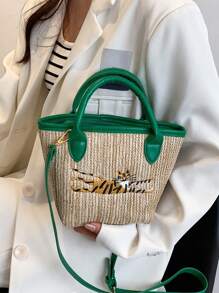 Tiger Embroidered Straw Bag Contrast Binding, Perfect For Summer Beach Travel Vacation - Khaki - View 5