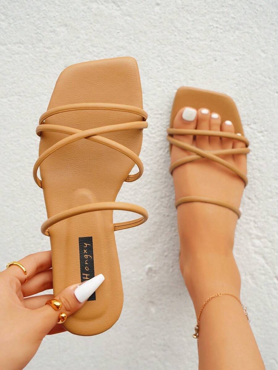 Dép quai ngang quai chéo tối giản dành cho nữ, Dép đế bằng mùa hè thanh lịch - Màu Khaki - Xem 1