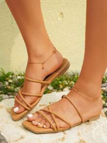 Dép quai ngang quai chéo tối giản dành cho nữ, Dép đế bằng mùa hè thanh lịch - Màu Khaki - Xem 5