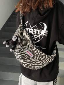 字母貼片腰包斑馬紋大容量時尚斑馬斜背包，時尚帆布單肩包，女式時尚手提包和吊帶皮夾