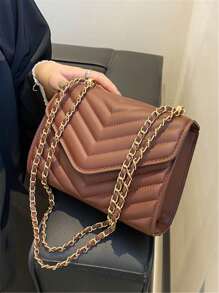 Mini Square Bag Chevron Chain Flap PU - Coffee Brown - View 1