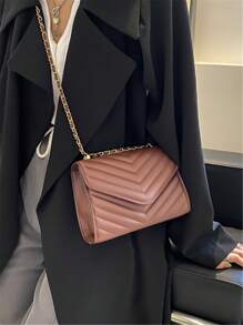 Mini Square Bag Chevron Chain Flap PU - Coffee Brown - View 3