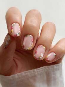 24 chiếc móng vuông ngắn in hoa móng tay giả & 1 băng dính & 1 dũa móng tay - Nhiều màu - Xem 1