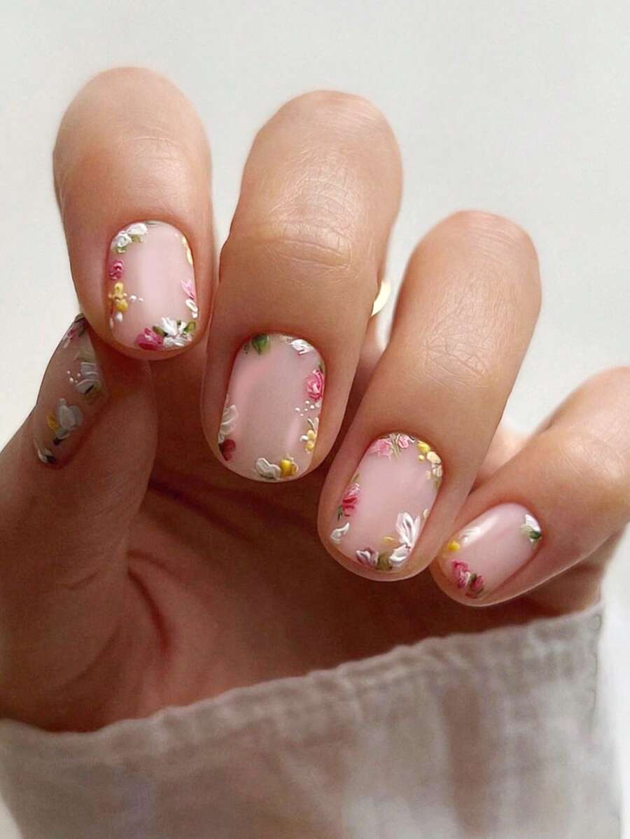 24 chiếc móng vuông ngắn in hoa móng tay giả & 1 băng dính & 1 dũa móng tay - Nhiều màu - Xem 1