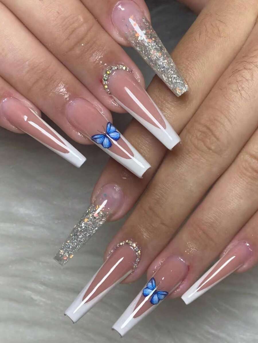 用24片长棺材形3D白色法式蝴蝶亮片水钻装饰假指甲、1张胶带和1个指甲锉升级您的造型 - 彩色 - 查看 1