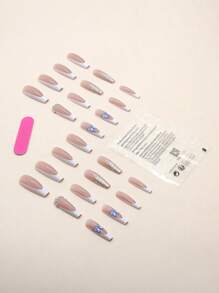 用24片长棺材形3D白色法式蝴蝶亮片水钻装饰假指甲、1张胶带和1个指甲锉升级您的造型 - 彩色 - 查看 2