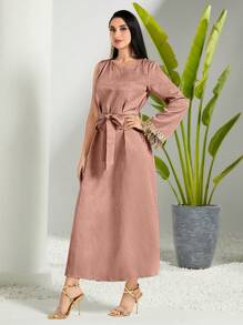 Modelyn 派對貼花 腰帶 亮片拼接 刺綉撞色阿拉伯連衣裙