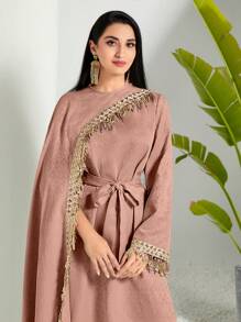 Modelyn 派對貼花 腰帶 亮片拼接 刺綉撞色阿拉伯連衣裙