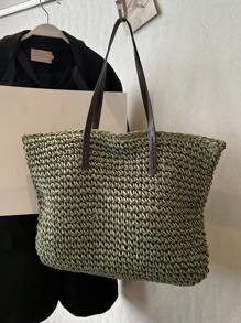 Oversized Straw Bag Double Handle With Zipper Vacation - Green - View 1