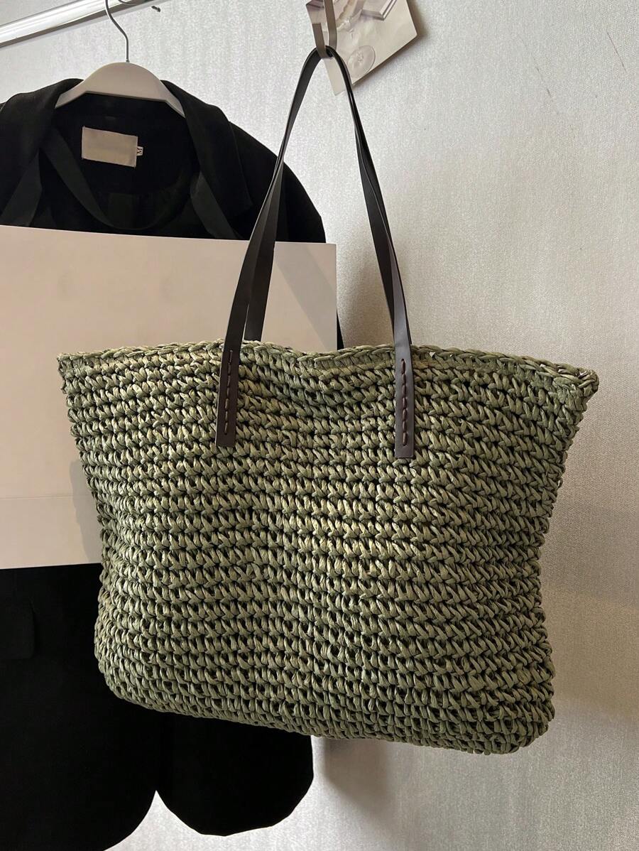 Oversized Straw Bag Double Handle With Zipper Vacation - Green - View 1
