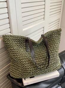 Oversized Straw Bag Double Handle With Zipper Vacation - Green - View 3