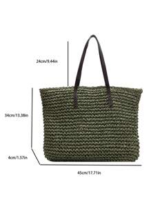 Oversized Straw Bag Double Handle With Zipper Vacation - Green - View 4