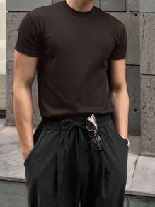 DAZY 男士棉素色圓領T恤 - 咖啡棕 - 查看 3