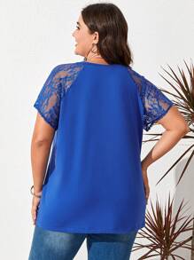SHEIN LUNE 大碼蕾絲拼接插肩袖T恤 - 藍色 - 查看 3