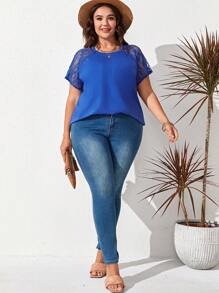 SHEIN LUNE 大碼蕾絲拼接插肩袖T恤 - 藍色 - 查看 6