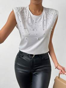 SHEIN Privé Top tank con cuenta de perla - Blanco - Ver 1