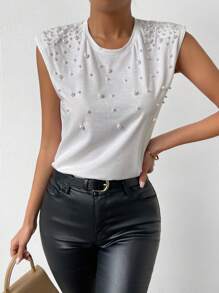 SHEIN Privé Top tank con cuenta de perla - Blanco - Ver 4