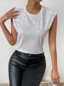 SHEIN Privé Top tank con cuenta de perla - Blanco - Ver 5