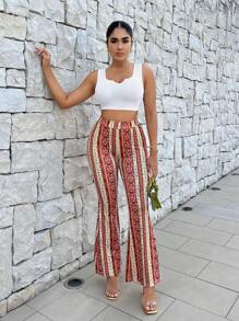 SHEIN SXY Notched Neck Tank Top & Floral Print Flare Leg Pants - Multicolor - View 1