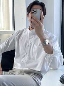 DAZY Men Patched Pocket Half Button Shirt - White - View 3