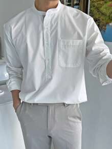 DAZY Men Patched Pocket Half Button Shirt - White - View 5