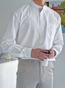 DAZY Men Patched Pocket Half Button Shirt - White - View 8