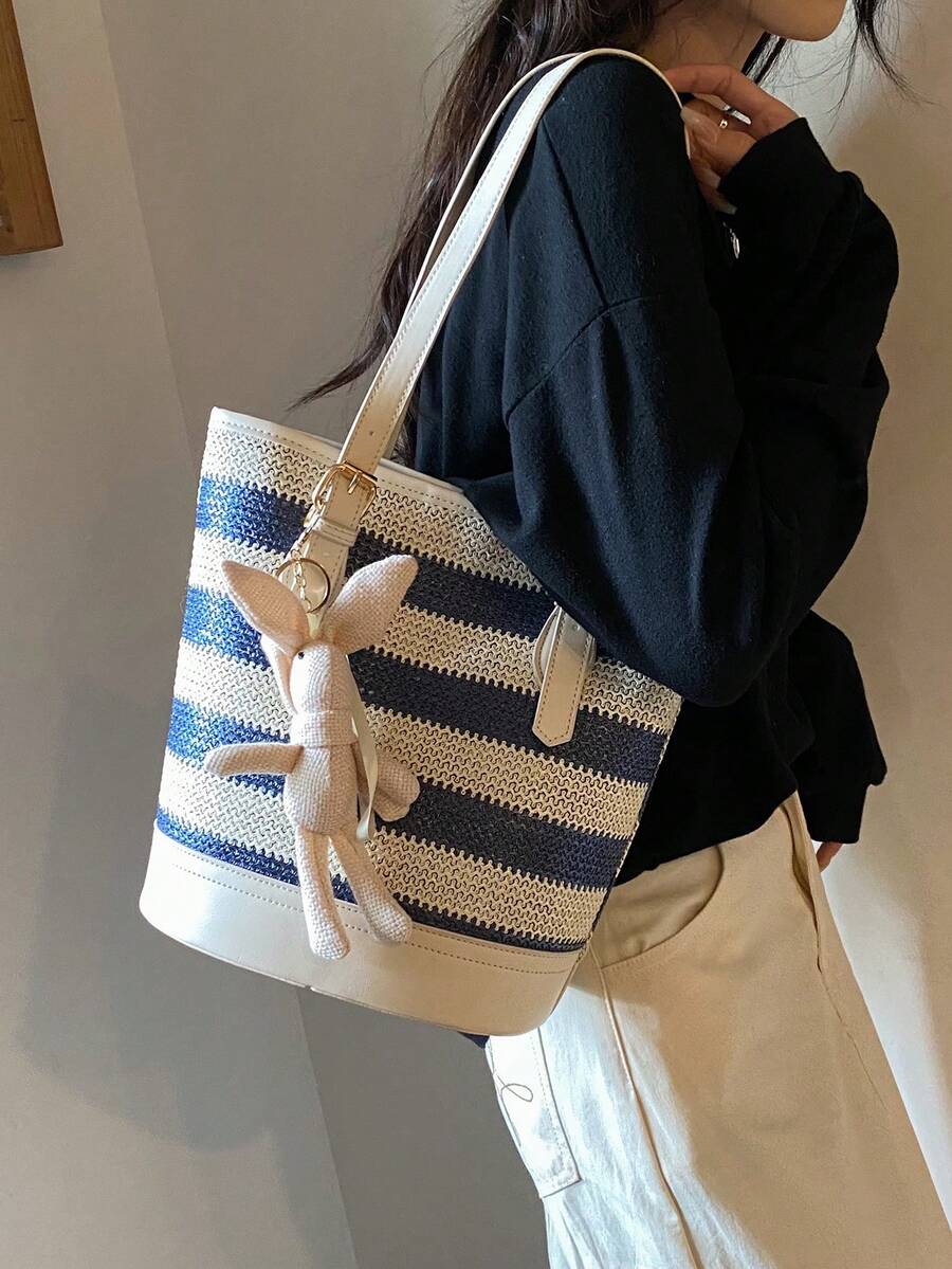 條紋圖案水桶包中等的附包飾 - 彩色 - 查看 1