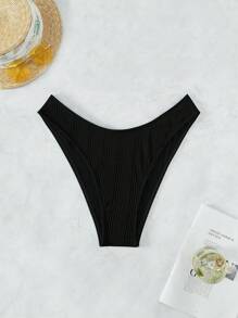 SHEIN Swim Summer Beach Plain Ribbed Knit Bikini Bottom, Vacation Swimwear - Black - View 7