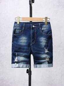 Pantalones cortos casuales juveniles de estilo bohemio y vintage con ruedo doblado destruido y cintura elástica ajustable de mezclilla elástica para uso diario en la calle - Azul lavado oscuro - Ver 1