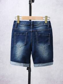 Pantalones cortos casuales juveniles de estilo bohemio y vintage con ruedo doblado destruido y cintura elástica ajustable de mezclilla elástica para uso diario en la calle - Azul lavado oscuro - Ver 2